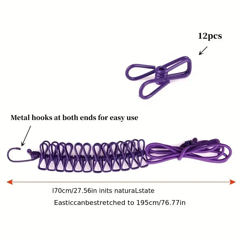 Portable Elastic Rope Washing Line with 12 Clips, 1.8m to 3.6m Length