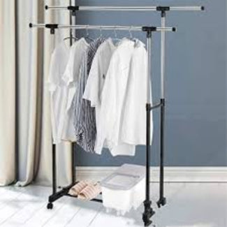 Stainless Steel Double Pole Clothes Rack with Adjustable Height and 4 Castor Wheels
