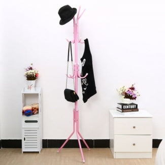 Stainless Steel Clothes and Handbag Rack with 8 Hooks and Sturdy 3-Leg Base, Pink