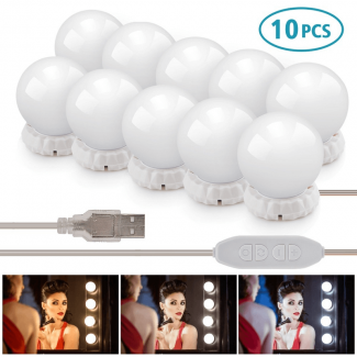 Set of 10 Dimmable LED Makeup Mirror Lights with 3 Light Modes and Adhesive Pads