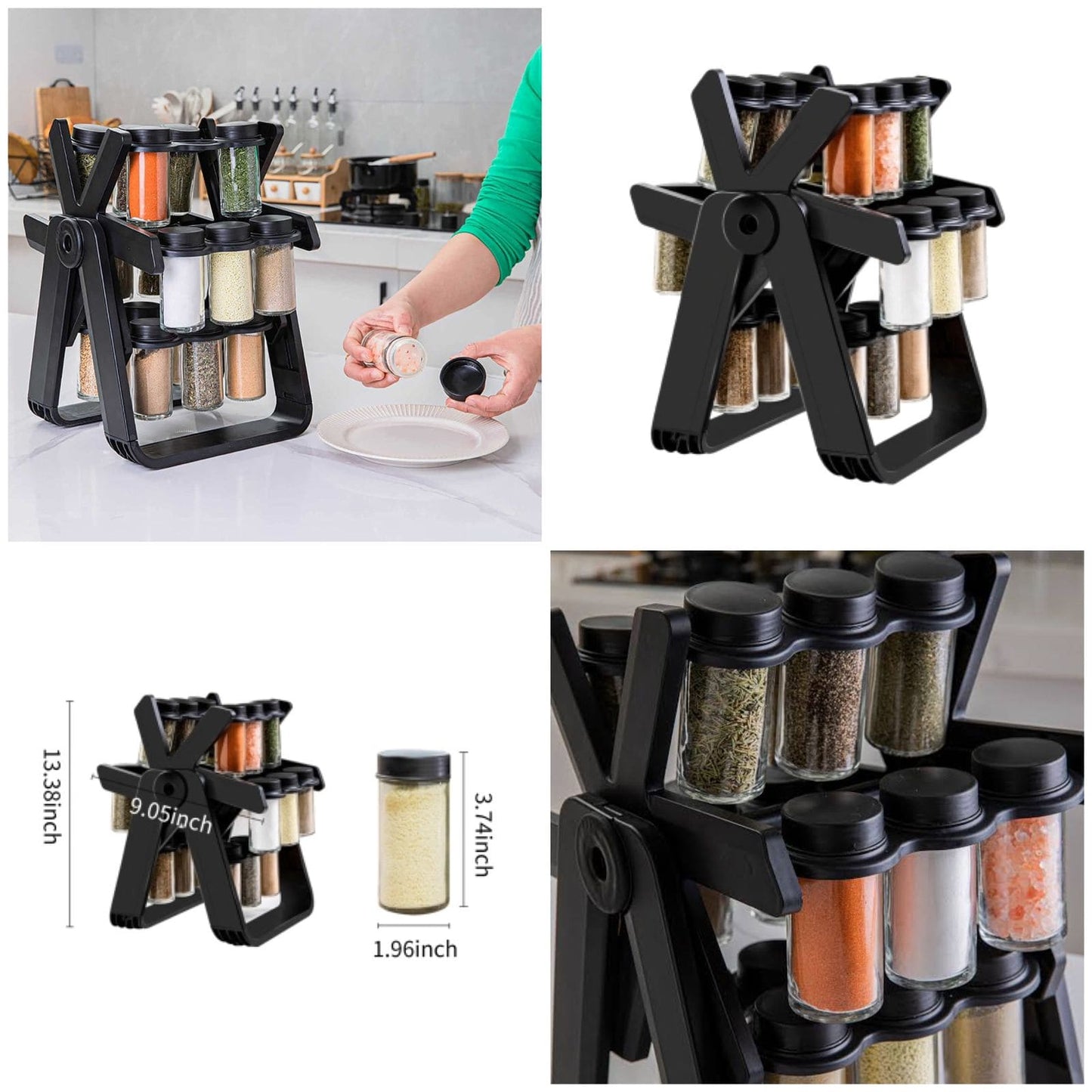 18pcs 360-Degree Rolling Spice Jar Set with Sealed Glass Jars
