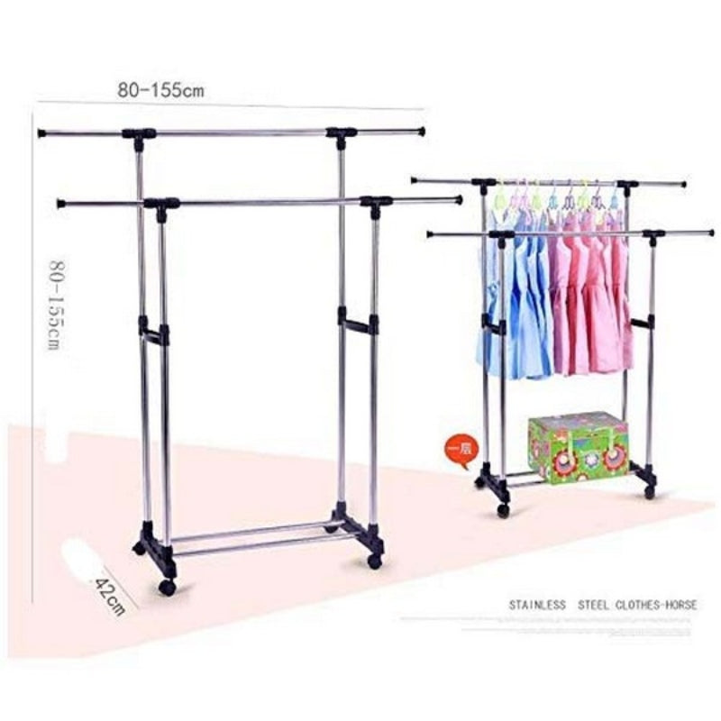 Stainless Steel Double Pole Clothes Rack with Adjustable Height and 4 Castor Wheels