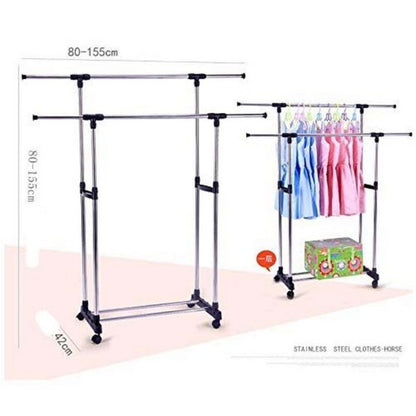 Stainless Steel Double Pole Clothes Rack with Adjustable Height and 4 Castor Wheels