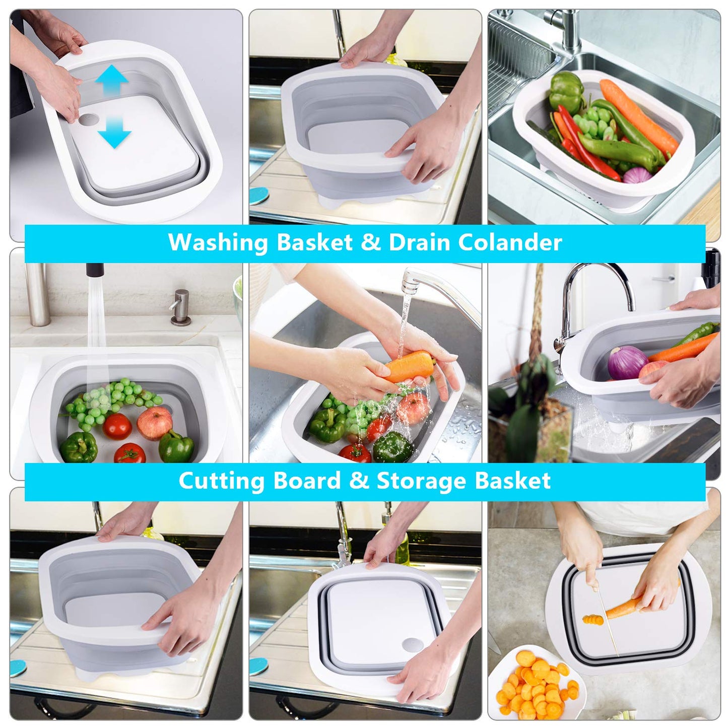 3 in 1 Foldable Cutting Board with Colander and Non-Slip Handle for Kitchen Use