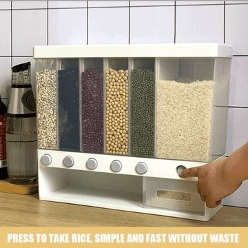 Wall Mounted Kitchen Rice and Cereal Dispenser with 6 Compartments, Food Grade PP