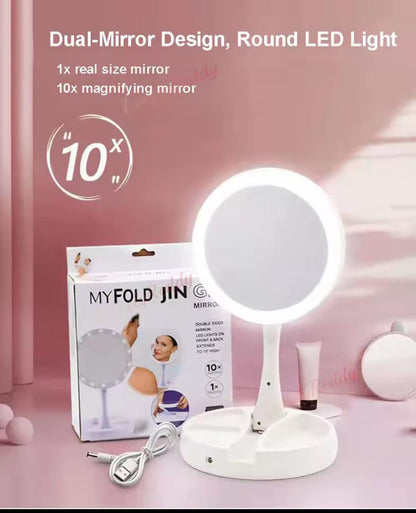 Foldable LED Lights Makeup Mirror with 360 Rotation and Dual Power Supply