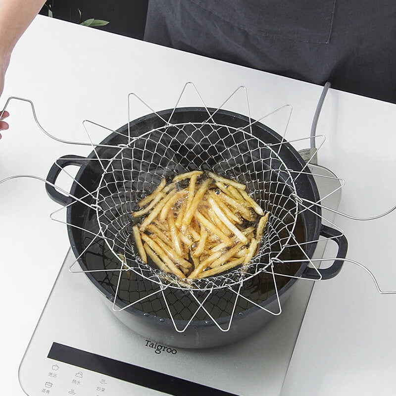 Steam Rinse Deep Fry Chef Magic Mesh Basket with Cool-Touch Handles for Easy Cooking
