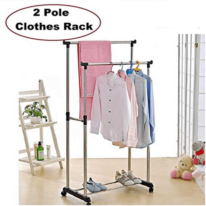 Stainless Steel Double Pole Clothes Rack with Adjustable Height and 4 Castor Wheels
