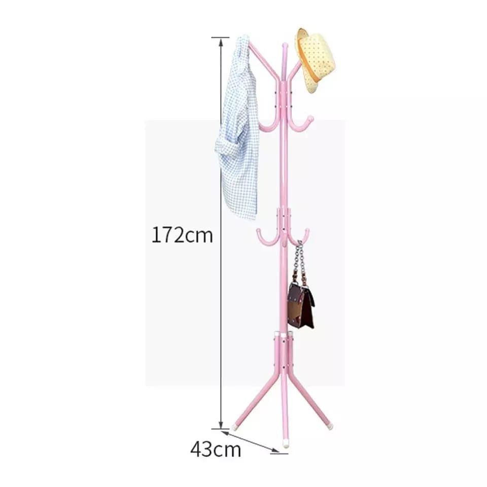 Stainless Steel Clothes and Handbag Rack with 8 Hooks and Sturdy 3-Leg Base, Pink