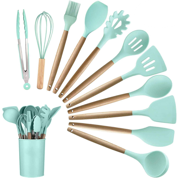 11 Pcs Silicone Cooking Utensils Set with Wooden Handles, Heat Resistant to 446?F, BPA Free