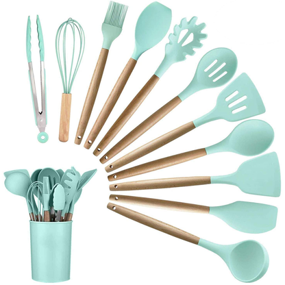 11 Pcs Silicone Cooking Utensils Set with Wooden Handles, Heat Resistant to 446?F, BPA Free