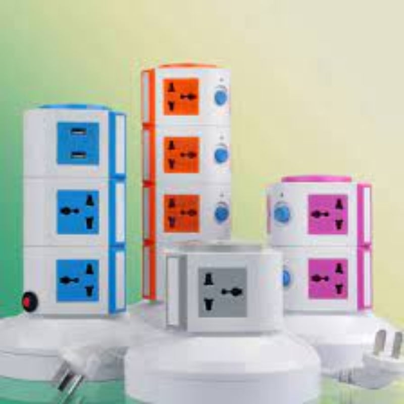 Multi Switched Vertical Socket Outlet with 4 Switches, USB Ports, Overload Protection