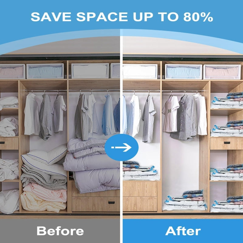 5Pcs Vacuum Storage Bags with Hand Pump - Reusable Space Saving Solution