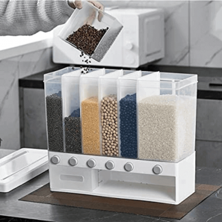 Wall Mounted Kitchen Rice and Cereal Dispenser with 6 Compartments, Food Grade PP