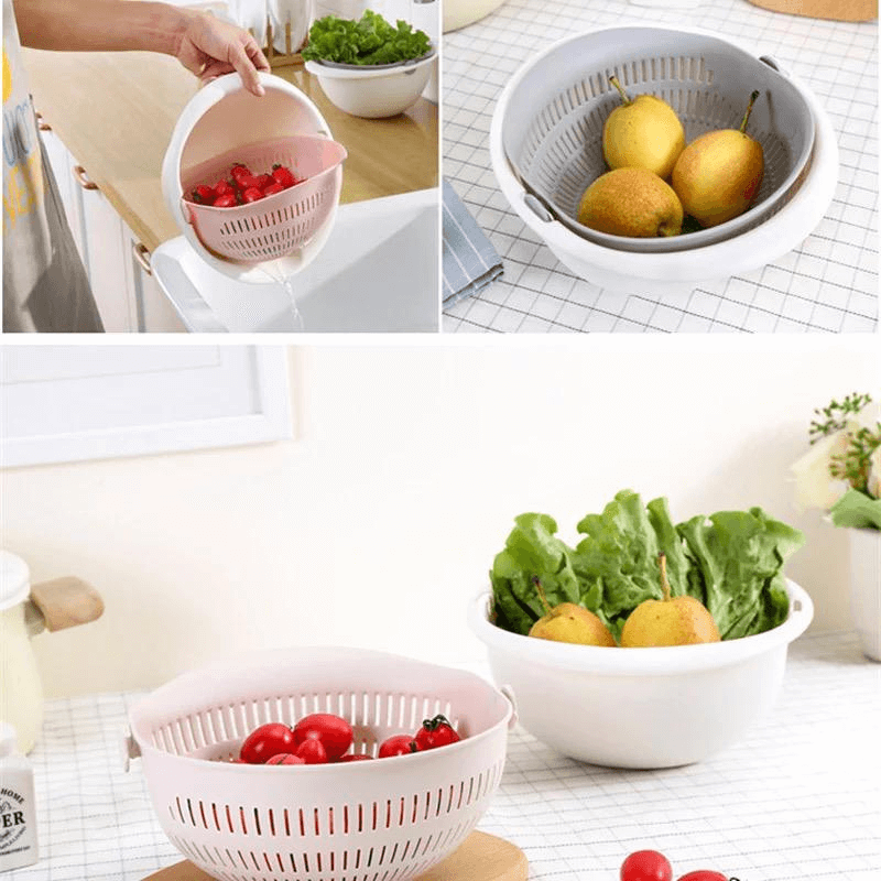 Kitchen Double Drain Basket Bowl with 360? Rotation, Food Grade PP, Dual Layer