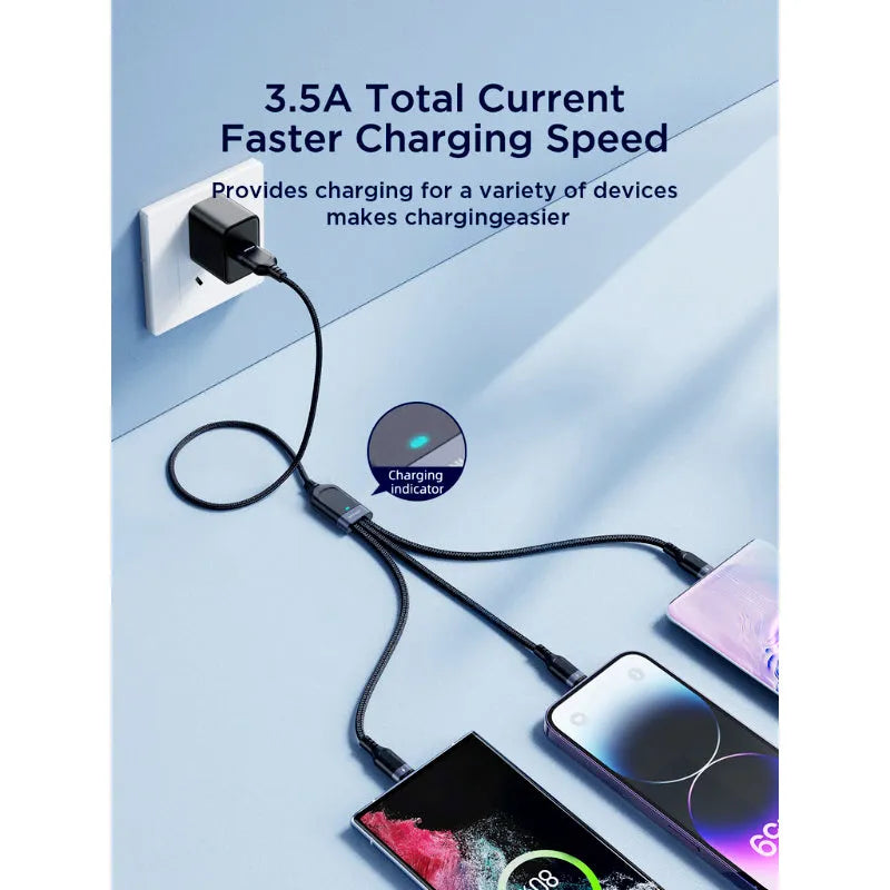 JoyRoom S-A18 3-in-1 Fast Charging and Data Cable – USB-A to Lightning, Type-C, and Micro, 3.5A