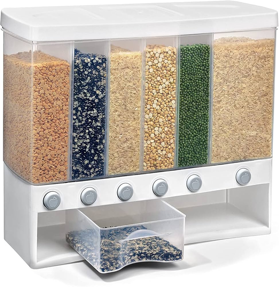 Wall Mounted Kitchen Rice and Cereal Dispenser with 6 Compartments, Food Grade PP