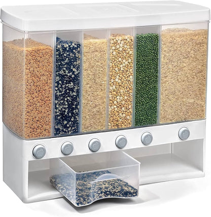 Wall Mounted Kitchen Rice and Cereal Dispenser with 6 Compartments, Food Grade PP
