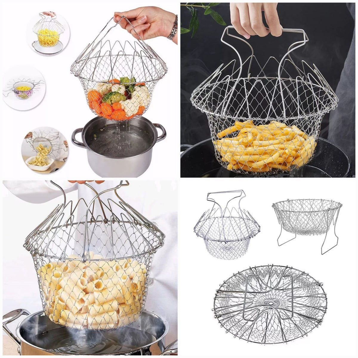 Steam Rinse Deep Fry Chef Magic Mesh Basket with Cool-Touch Handles for Easy Cooking