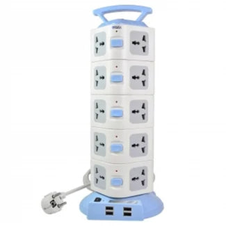 Multi Switched Vertical Socket Outlet with 4 Switches, USB Ports, Overload Protection