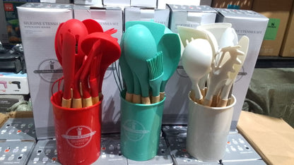 11 Pcs Silicone Cooking Utensils Set with Wooden Handles, Heat Resistant to 446?F, BPA Free