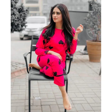Comfortable Whimsical Hearts Printed Enchanting Night Suit Loungewear For Ladies - Arfa Mart